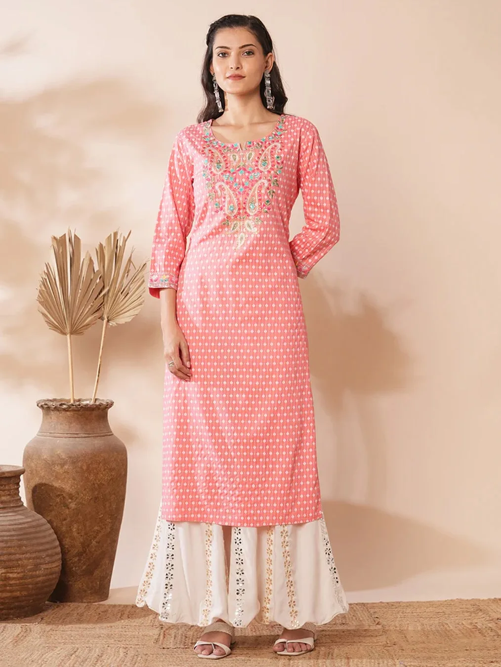 Peach Motif Ethnic Floral Dress
